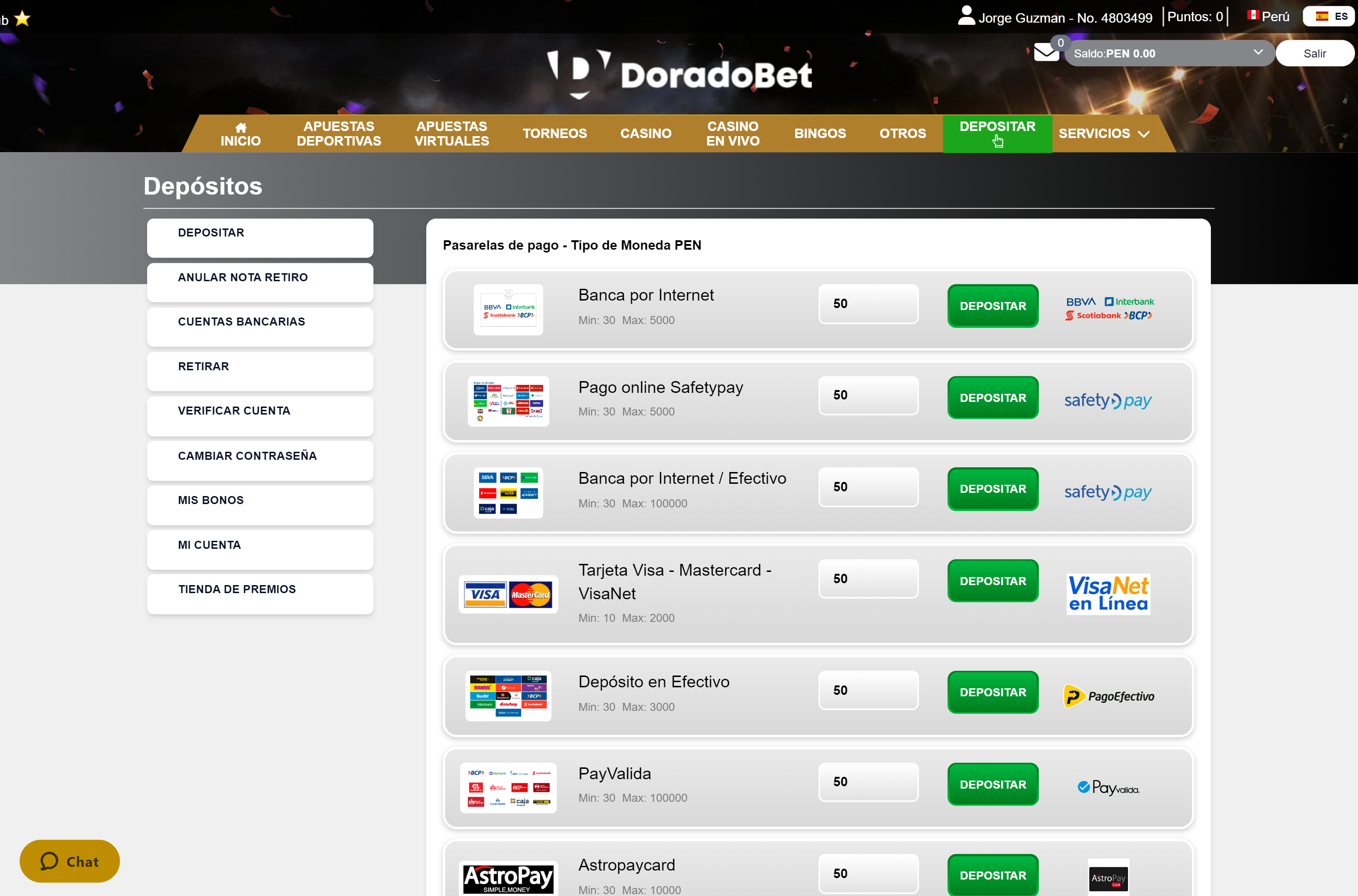 Limites de deposito timerbet peru